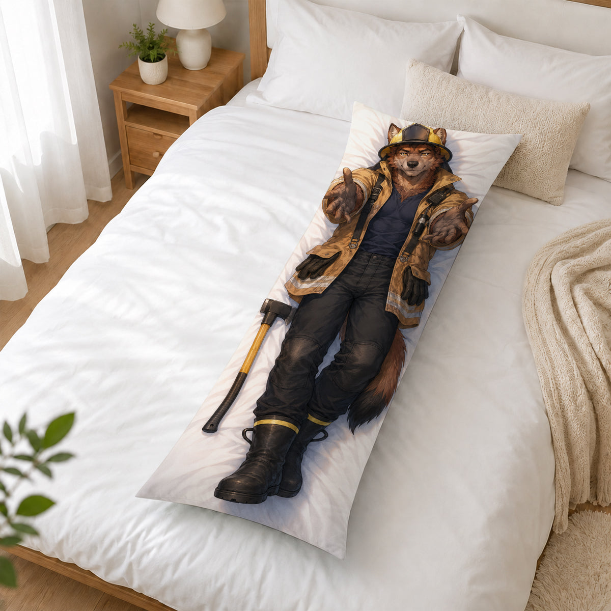 Firefighter Wolf furry body pillow cover product image 2