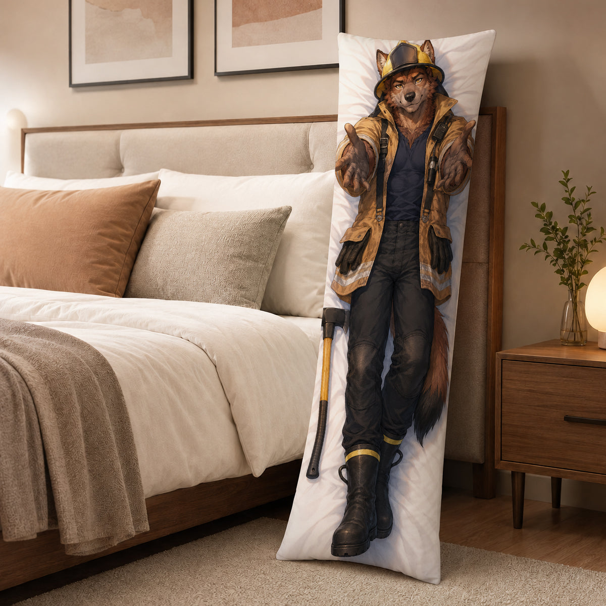Firefighter Wolf furry body pillow cover product image 3