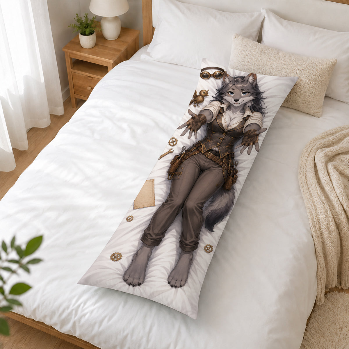 Steampunk Inventor Wolf furry body pillow cover product image 2