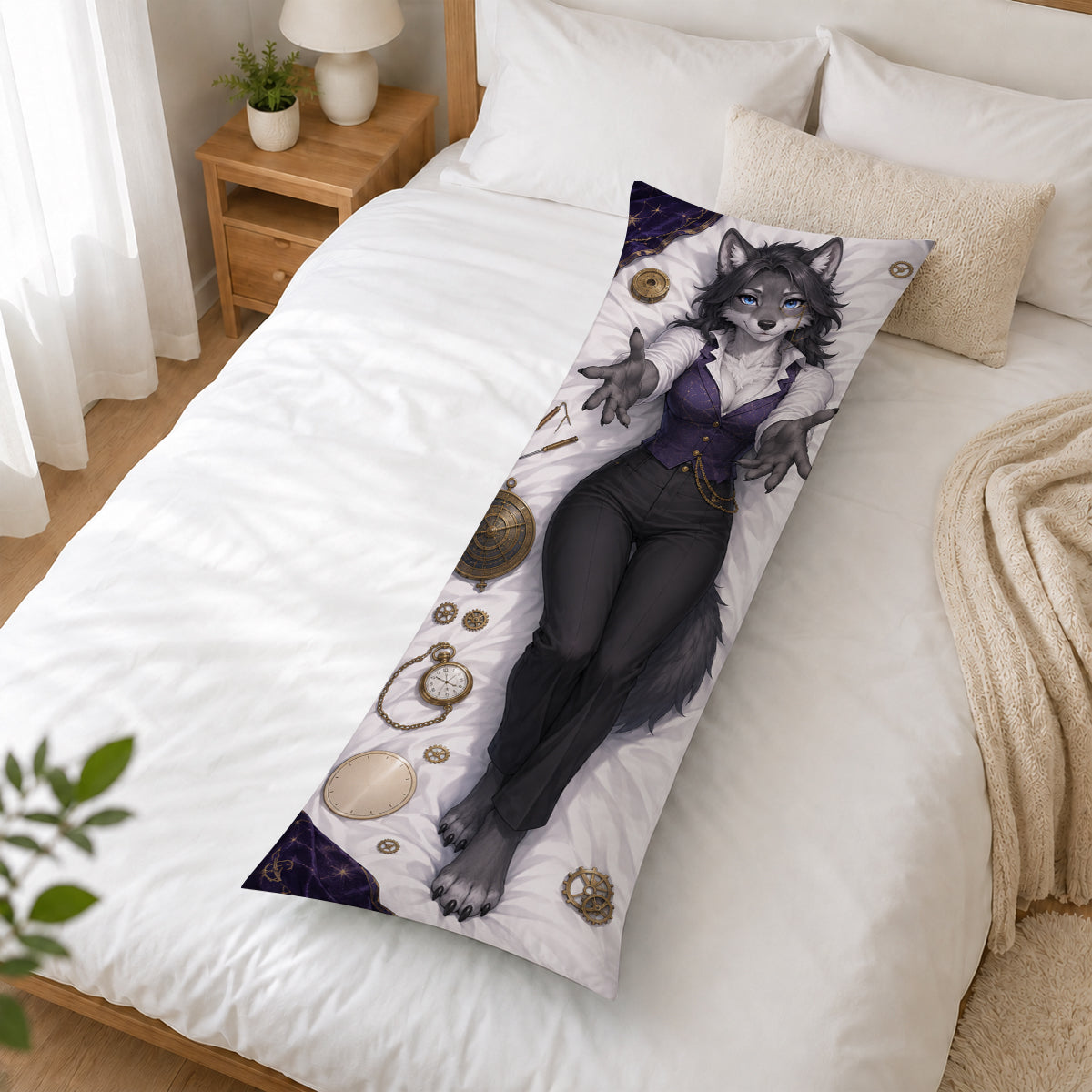 Astronomical Clockmaker Wolf furry body pillow cover product image 2